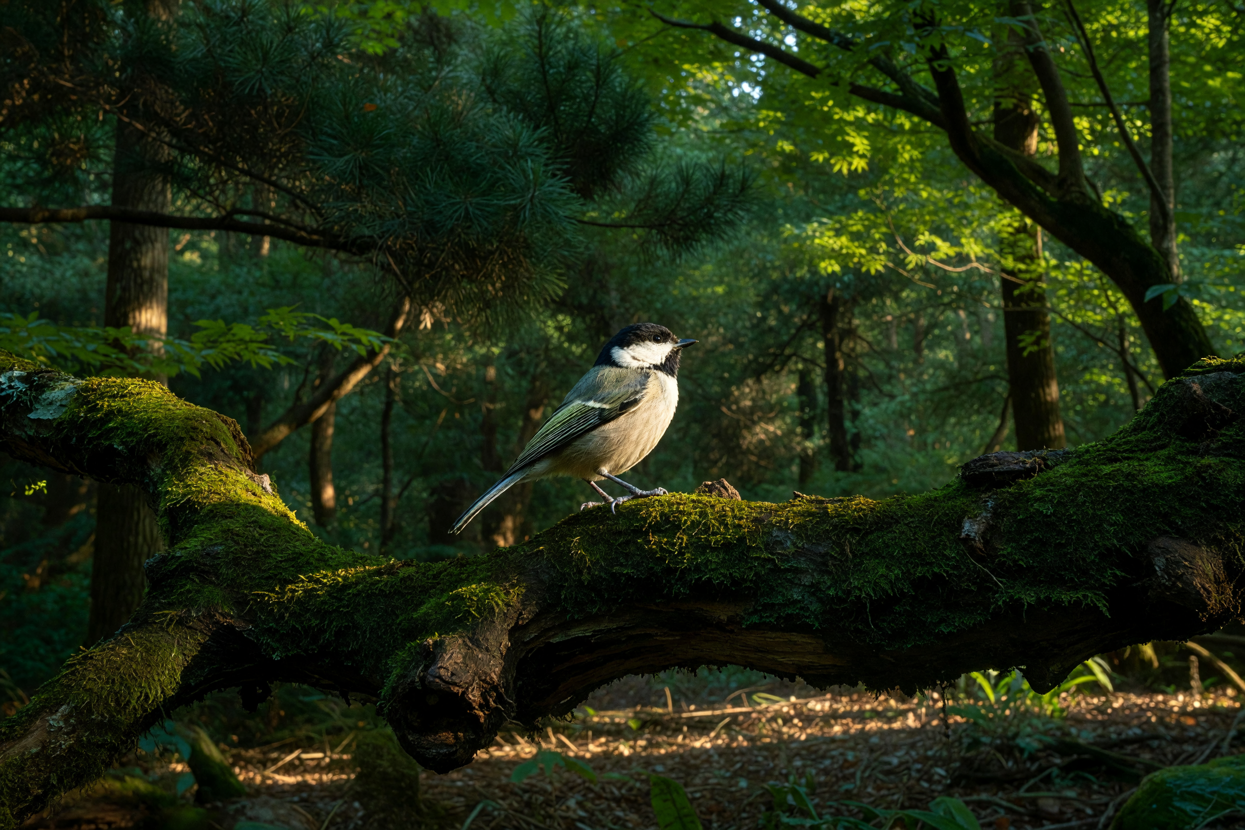 苔むした枝にとまる小鳥